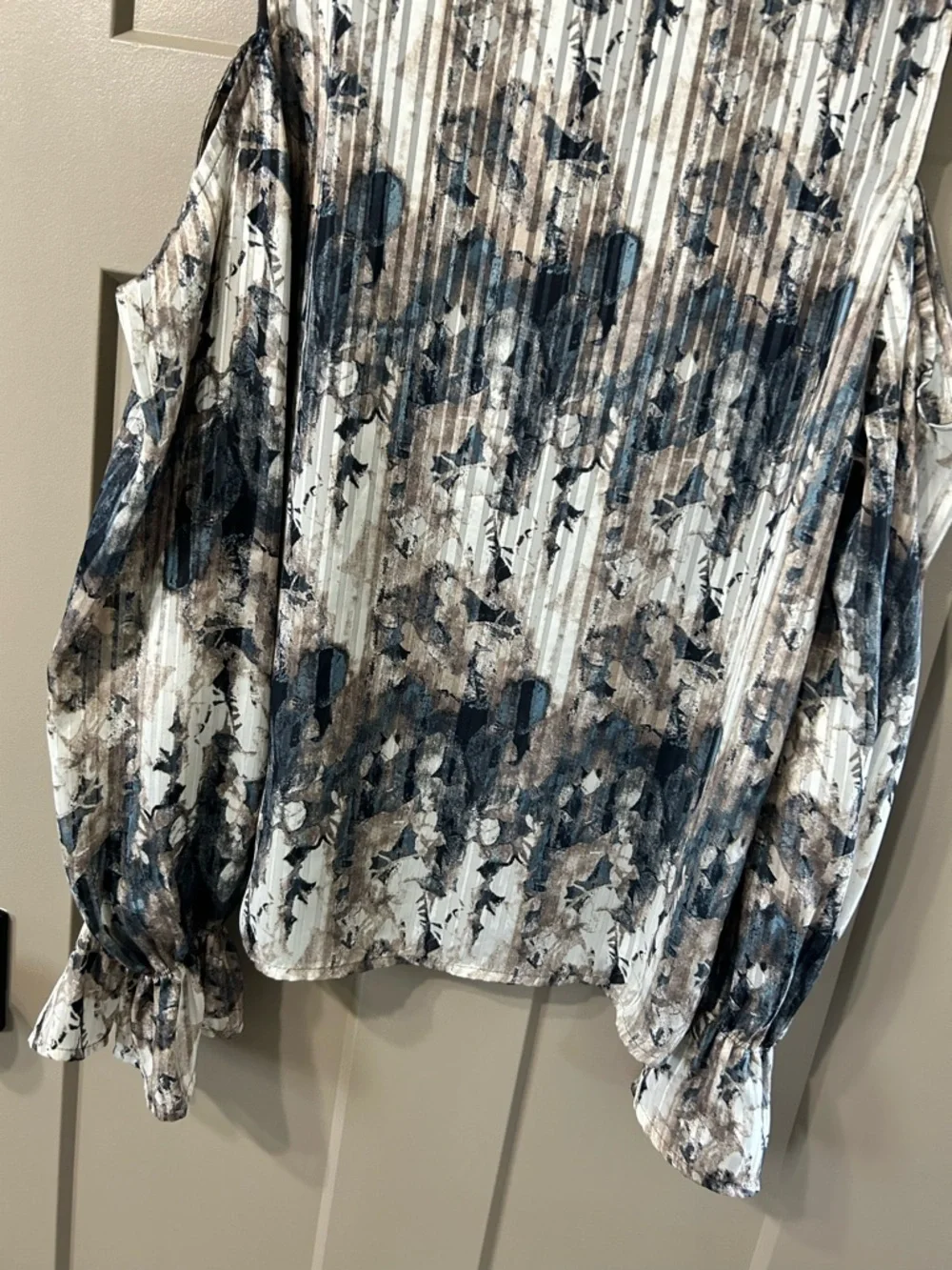 Miss Me Beaded V-Neck Cold-Shoulder Blouse in Blue and Cream Ruffle sleeves
